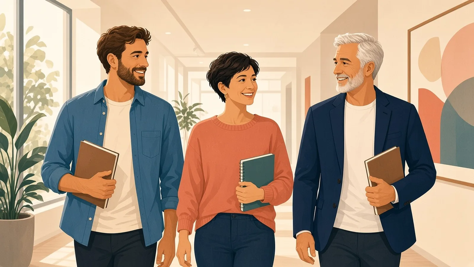 A team walking in sync down a bright office hallway with notebooks